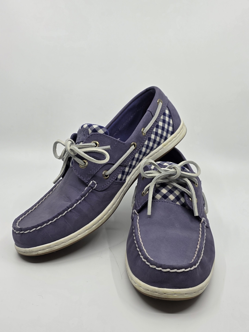 Sperry Purple Boat Shoes with Gingham Accent, Size 10